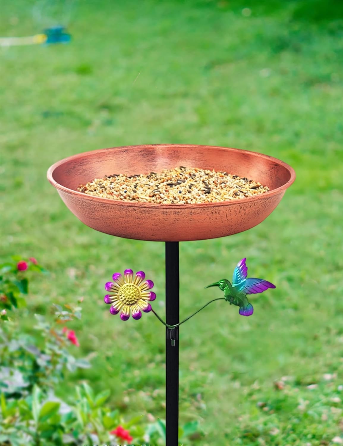 Freestanding Outdoor Bird Bath | Antique Copper 11” Metal Birdbath Bowl & Feeder with Stake for Garden Decor Yard Art (0.5 Gallon)