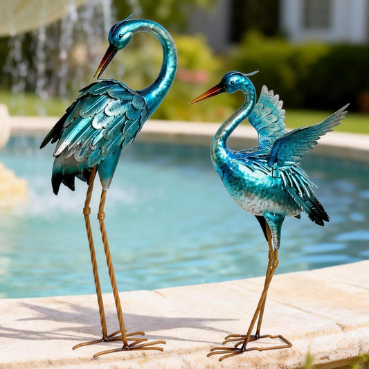 Garden Crane Statues for Outdoor Blue Heron Metal Birds Yard Art Ornaments for Backyard Pond Patio Porch Outside Decorations