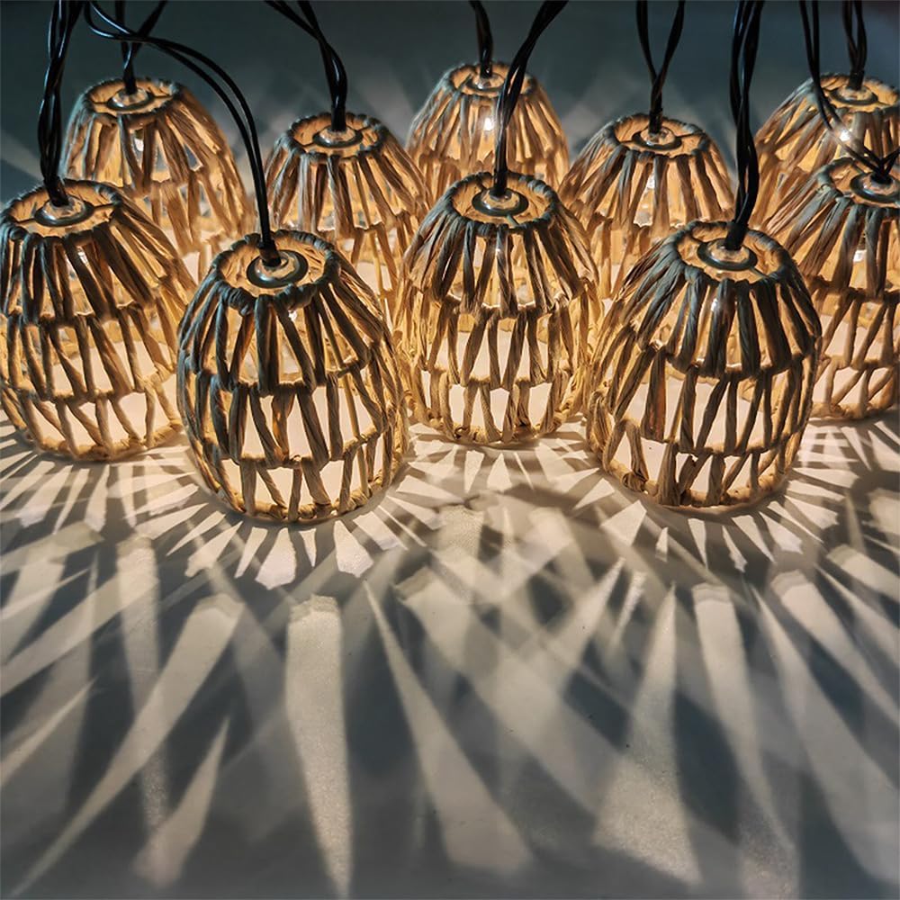 Solar Powered Paper Rattan String Lights Outdoor & Indoor, Waterproof Solar String Lights with Battery Box, PE Imitation Rattan Garden Lights, Eco-Friendly Patio Balcony Yard Pathway 10-Light Set
