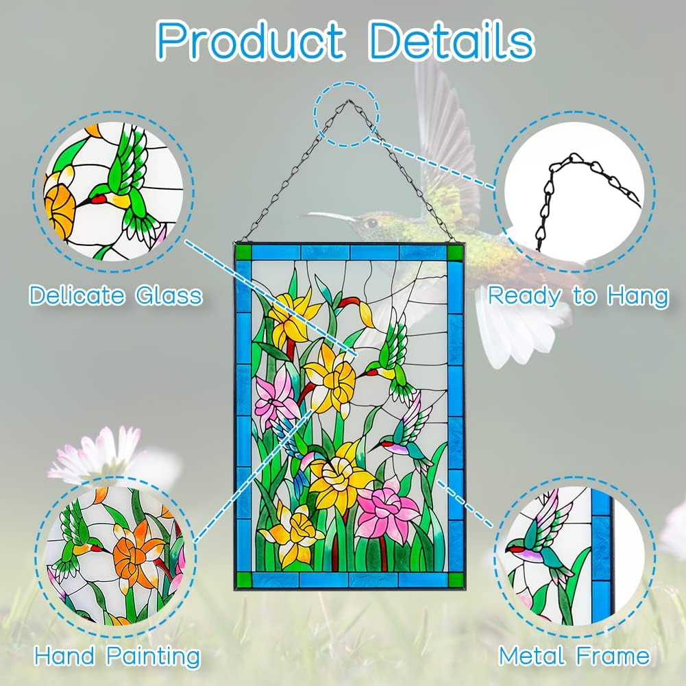 Viveta Hummingbird Stained Glass Window Hanging, Birds and Flowers Suncatcher for Window, Hummingbird Stained Glass Panel Hanging Ornament(Rectangular 10 * 15")