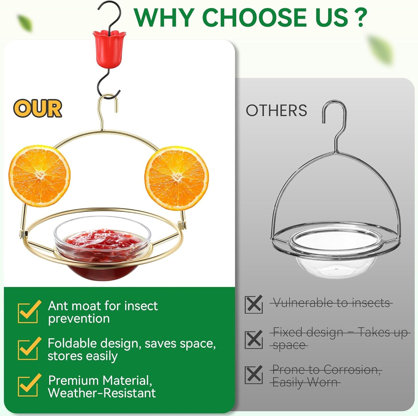 2 Pack Metal Oriole Feeders for Outdoors Hanging with Ant Moat and Fruit Holder, Oriole Feeder with Glass Bowl, Easy to Disassemble and Wash, Bird Feeder for Garden, Outdoor, Gift (Gold)