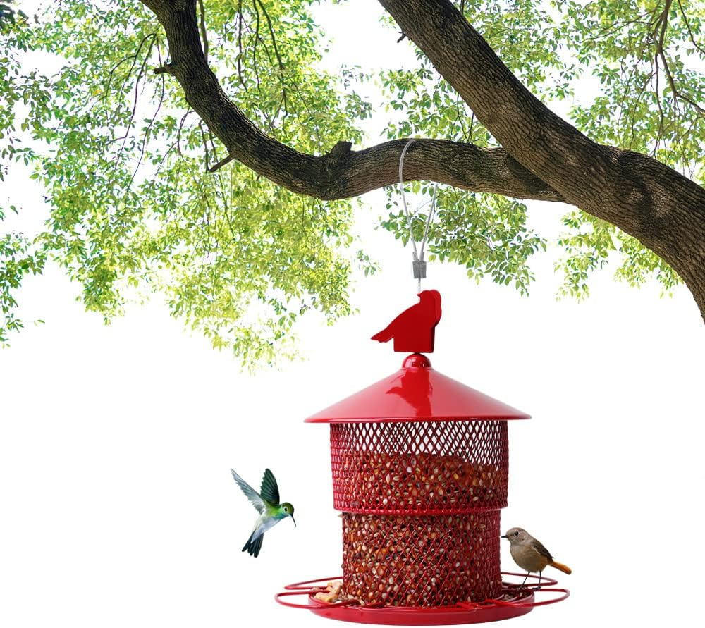 Metal Bird Feeders for Outdoor Hanging,Large Cardinal Bird Feeders Squirrel Proof Mesh Tube Wild Bird Feeder,Finch Seed Feeder with 4lbs Capacity for Chickadee Blue Jay(Red)