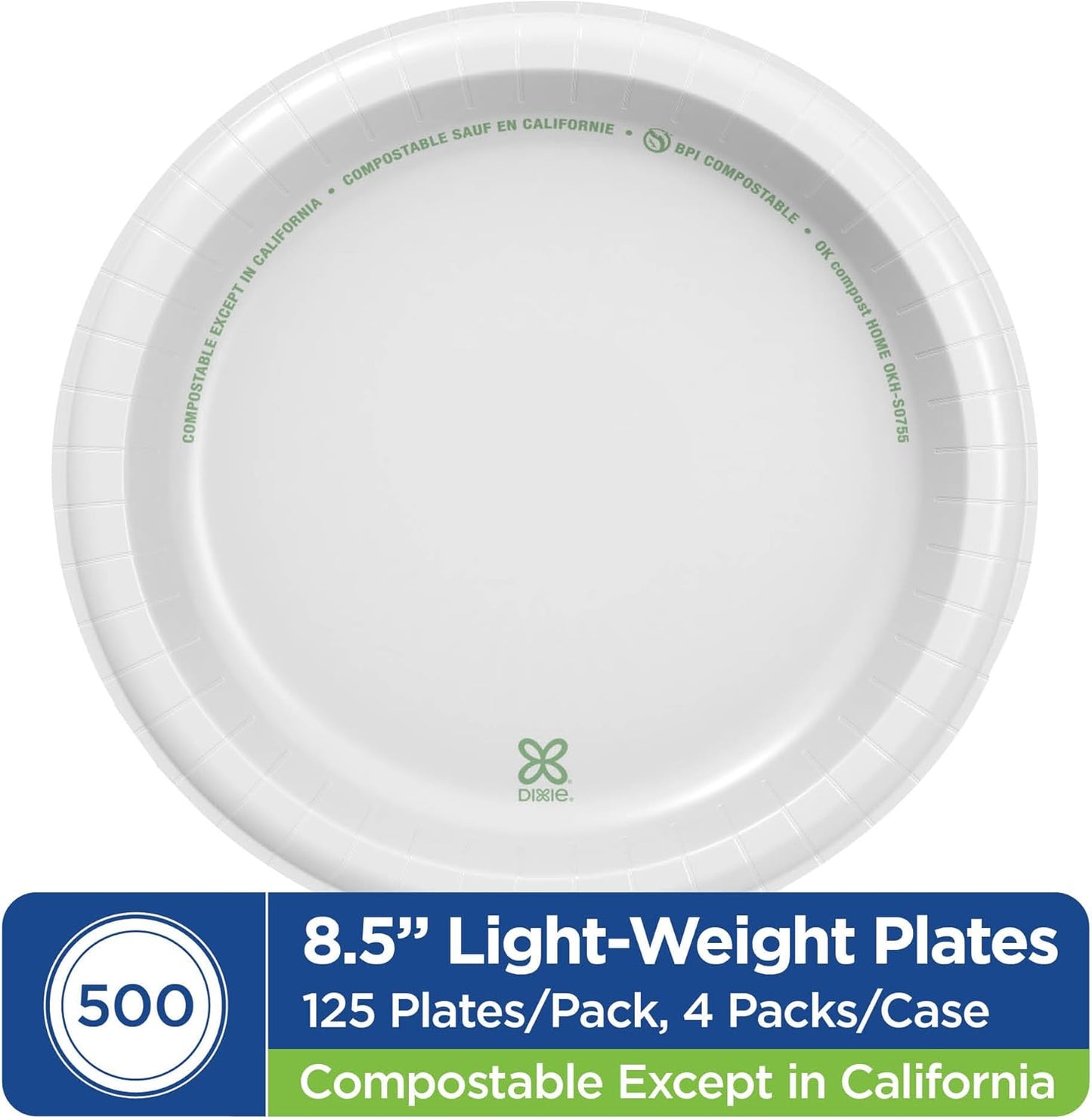 Dixie Basic 8.5 Inch Light-Weight Paper Plates by GP PRO, White, 500 C