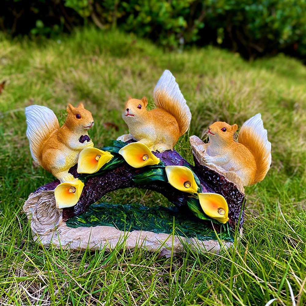 Solar Resin Squirrel Garden Statue with 5 LED Night Lights -Hand Carved, Weather Resistant Outdoor Solar Yard & Balcony Ornament
