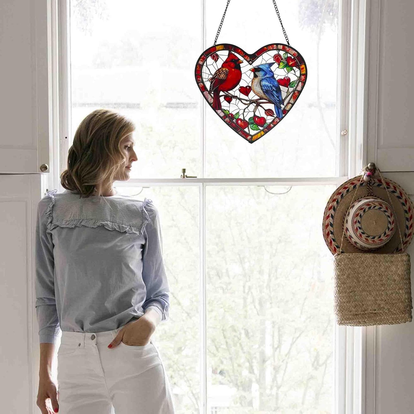 Heart-Shaped Stained Glass Window Hanging, 7.9 in Cardinal & Blue Jay Birds Sun Catcher Indoor Window Decor, Colorful Glass Art Panel for Home, Garden, Valentine’s Gift