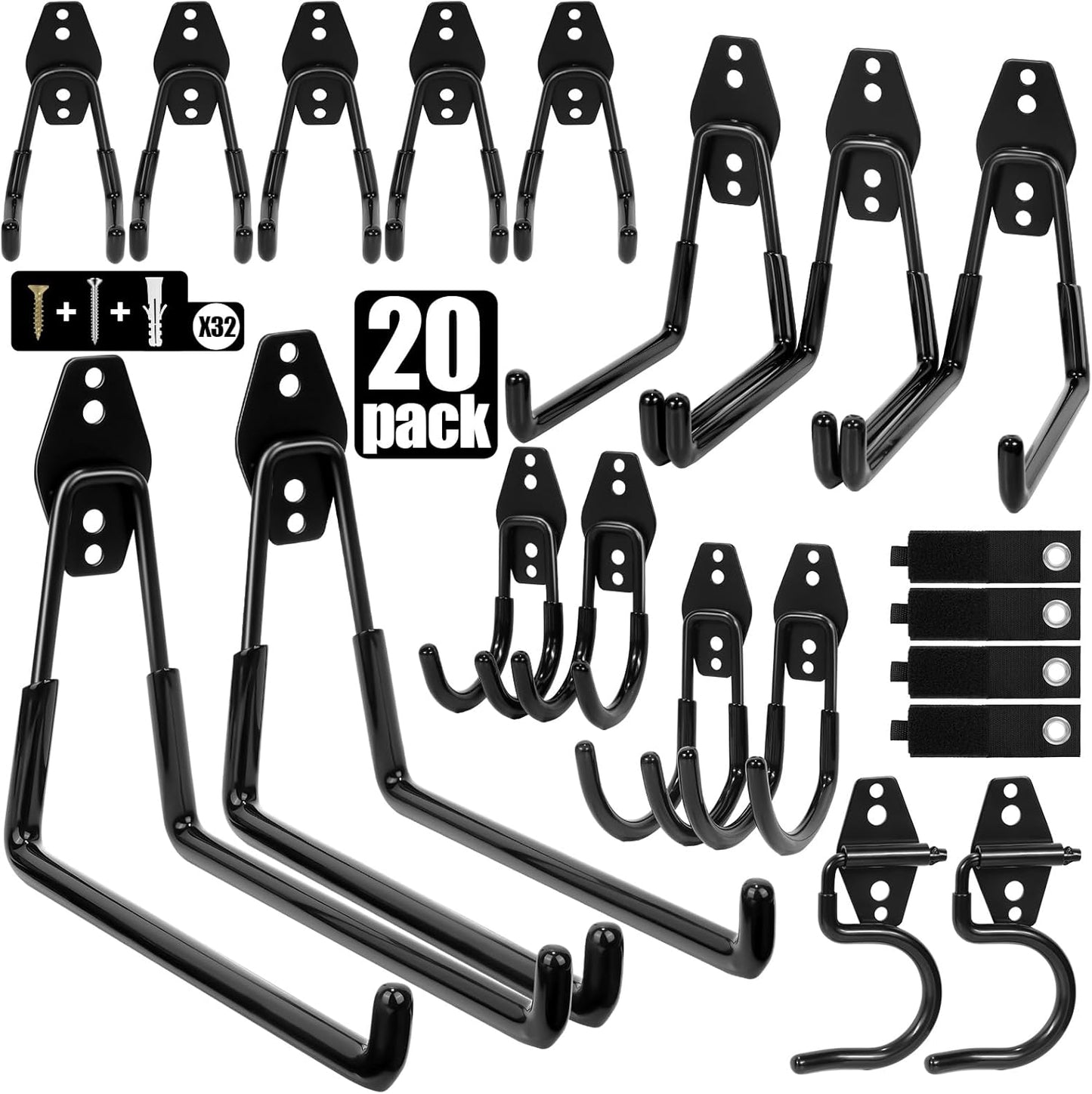 Heavy Duty Garage Hooks Storage, Anti-Slip Steel Wall Mount Multi-Size Utility Hangers Organizer for Ladders, Bikes, Garden Tools, Hose with 32 Screws Hardware Kit (Black, 20 Pack)