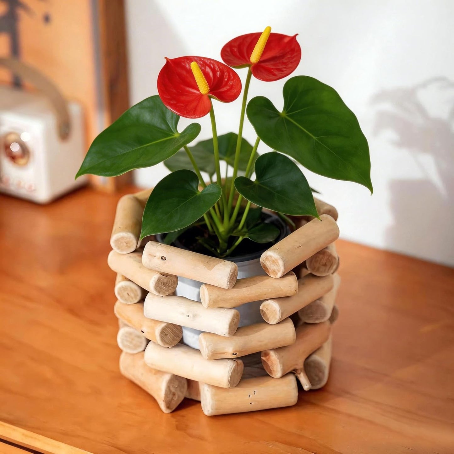 Modern Farmhouse Solid Wood Vase - Built-in 3.5 Inch Glass Container f