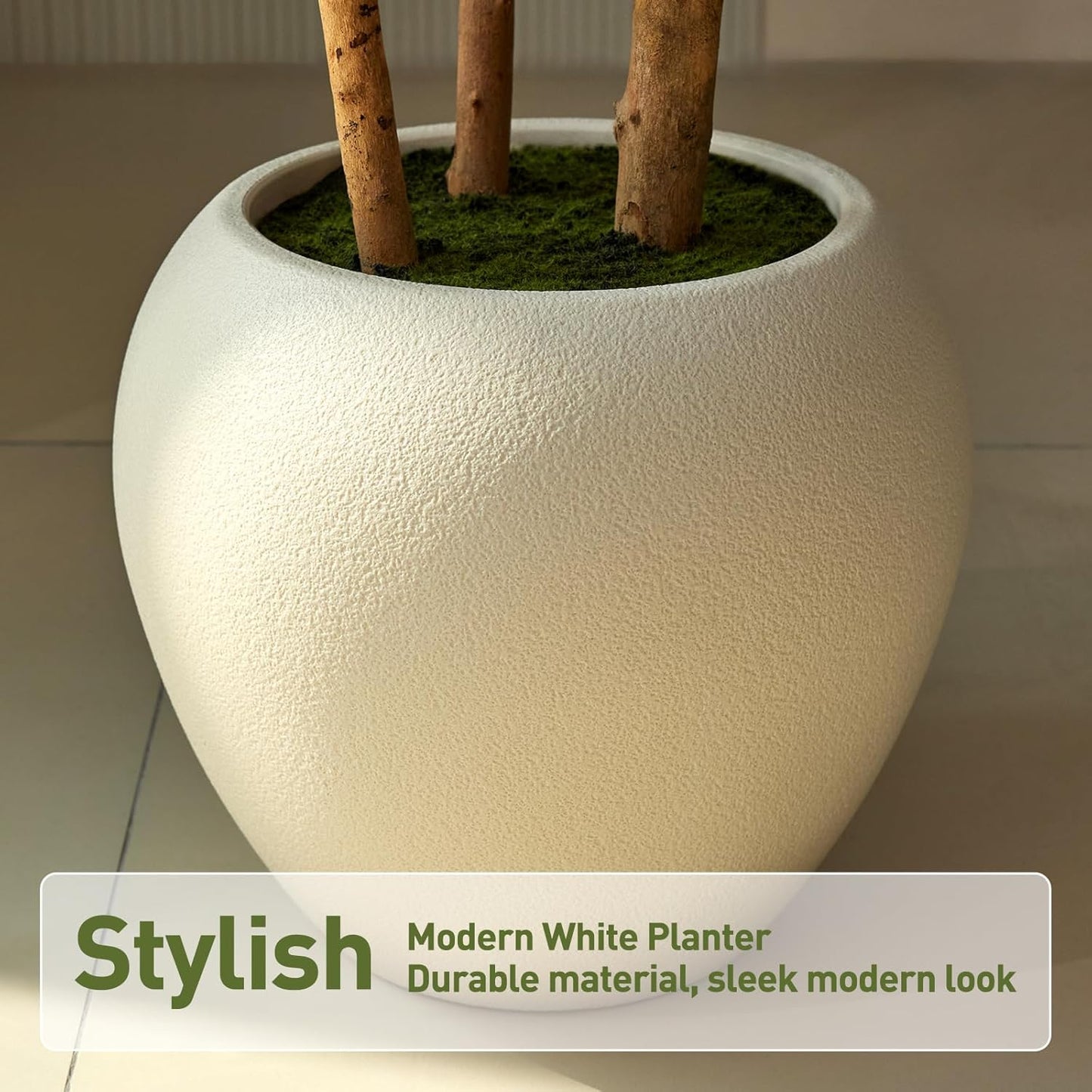 6FT Artificial Fiddle Leaf Fig Tree with White Planter - Tall Fake Tree, 3 Real Wood Trunks, Real Moss Pot, Artificial Plants Indoor Faux Tree for Home Living Room Office Decor, VN244
