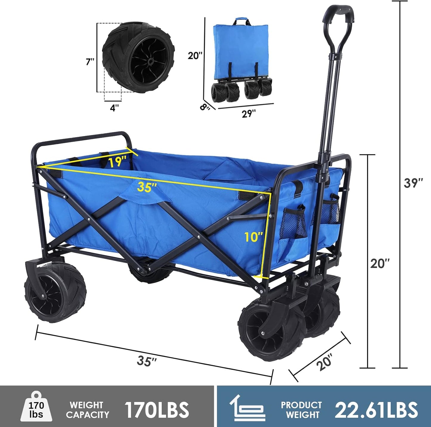 330lbs Heavy Duty Collapsible Wagon - All-Terrain 360° Wheels, Drink Holders, Beach Utility Cart - Foldable, Portable for Sand, Camping, Grocery, Garden - Outdoor Sports & Shopping Essential