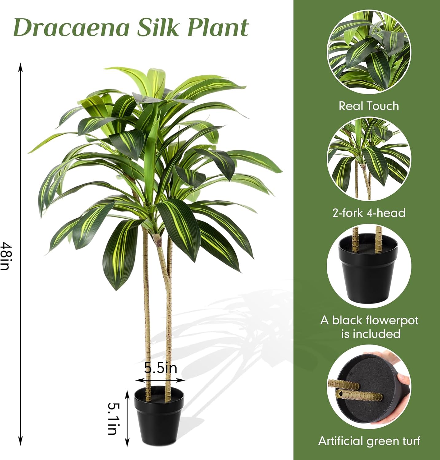 Giegxin 2 Pack Artificial Dracaena Plant Indoor, 4ft Dracaena Silk Plant with Planter, Artificial Fake Floor Tree Pot, Real Touch Faux Tropical Yucca Trees for Home Office Living Room Decor