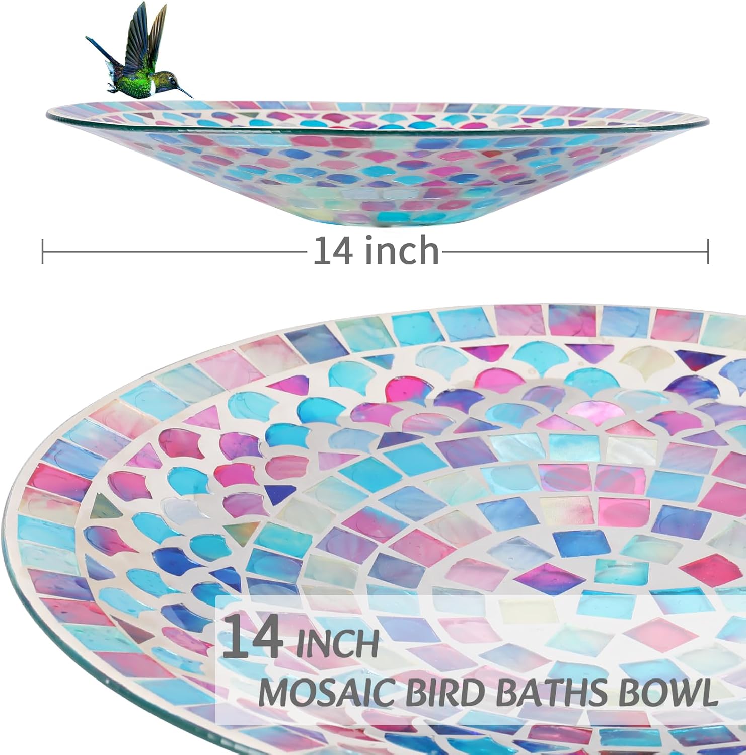 MUMTOP Mosaic Glass Bird Baths, 14 Inch Width Outdoor Garden Bird Bath