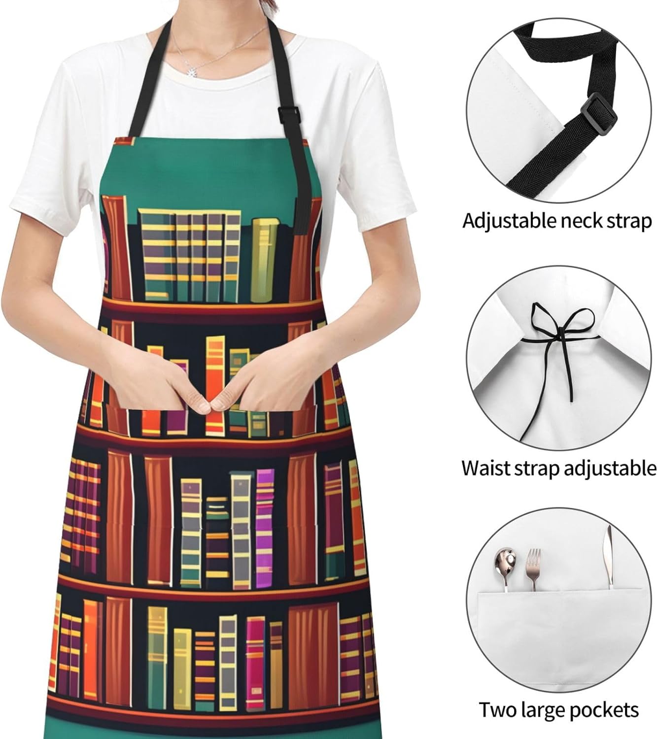 Library Bookshelf print Waterproof apron with pocket adjustable cooking apron for adult kitchen bibs to bake