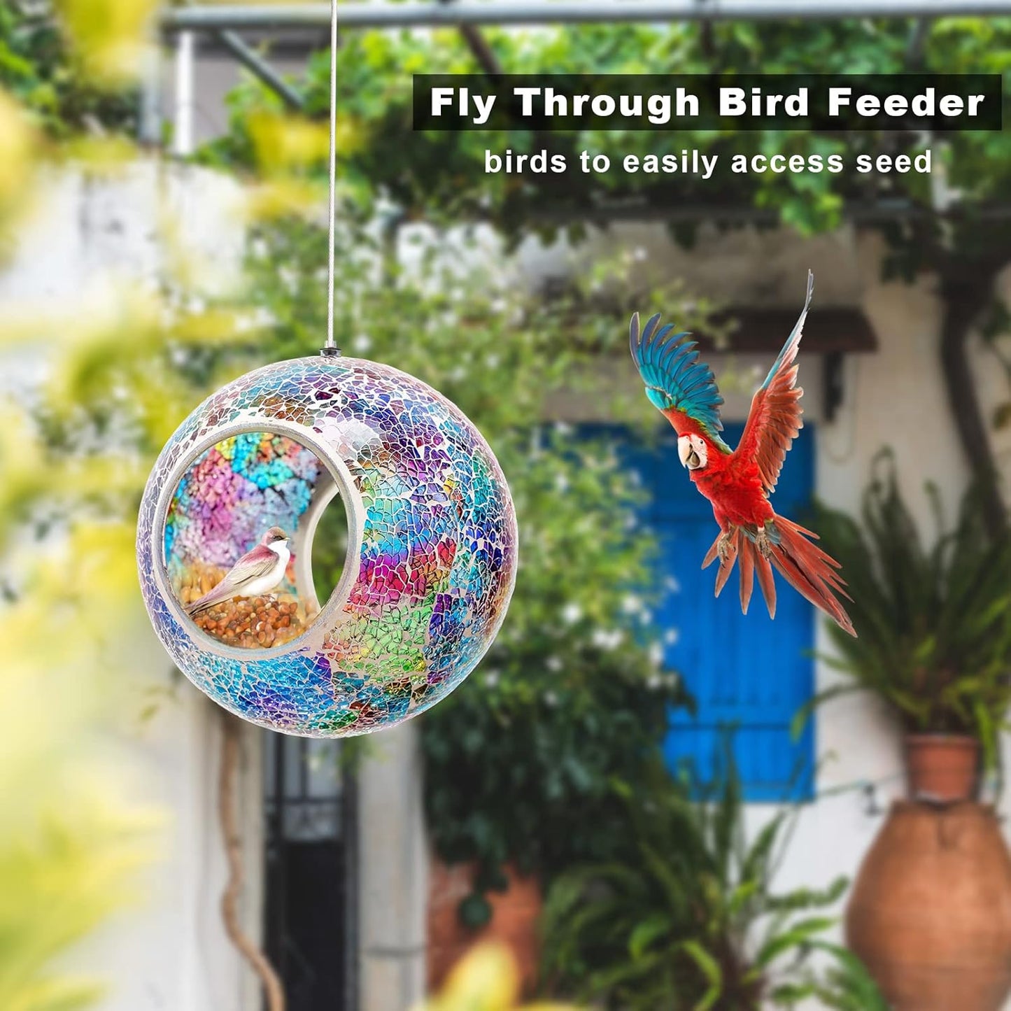 Bird Feeder Mosaic Fly Through Bird Feeder for Outside Hanging with Round Shape Glass Feeders to Attract Wild Birds for Garden, Deck, Yard, Backyard and Porch Decor, 7-Inch