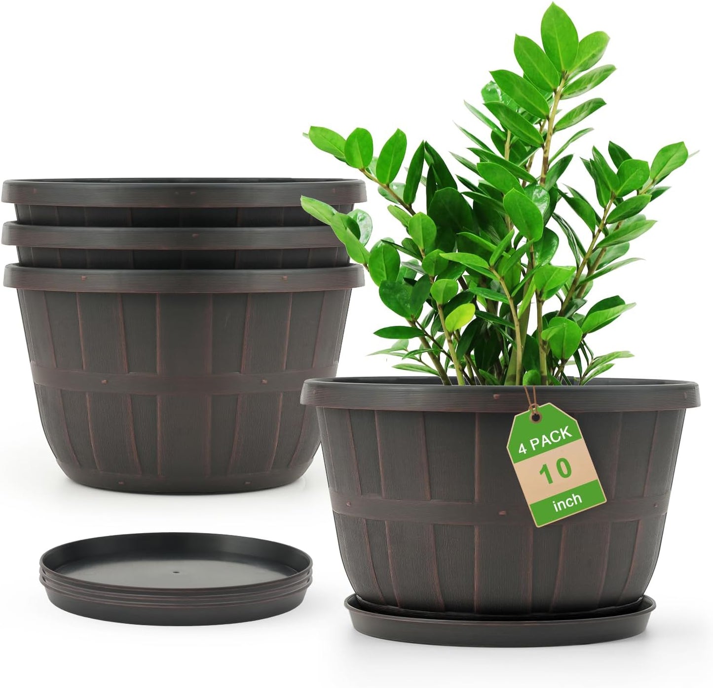 Quarut 10 inch Plastic Flower Pots for Outdoor Plants，4 Pack Large Out