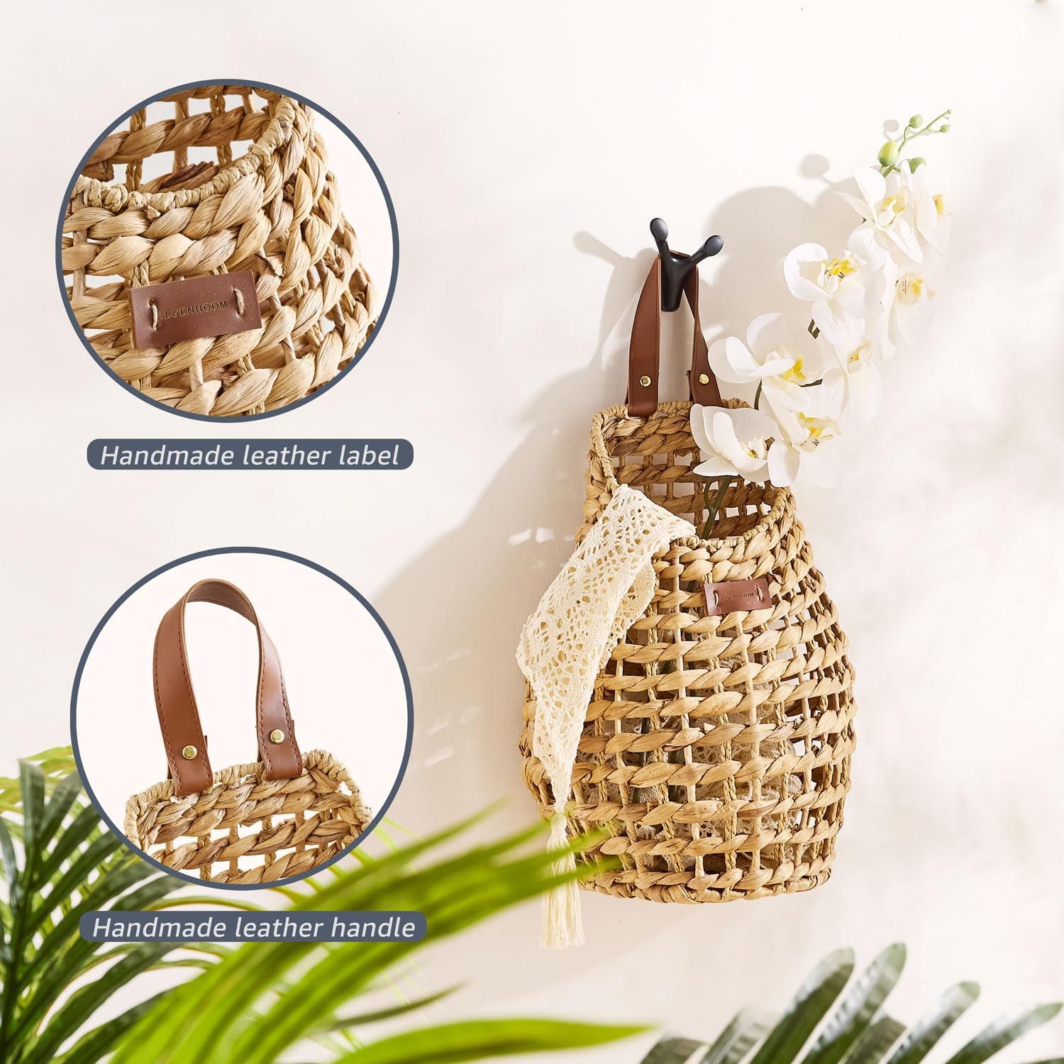 Woven Front Door Basket Water Hyacinth Wall Hanging Basket Decorative 