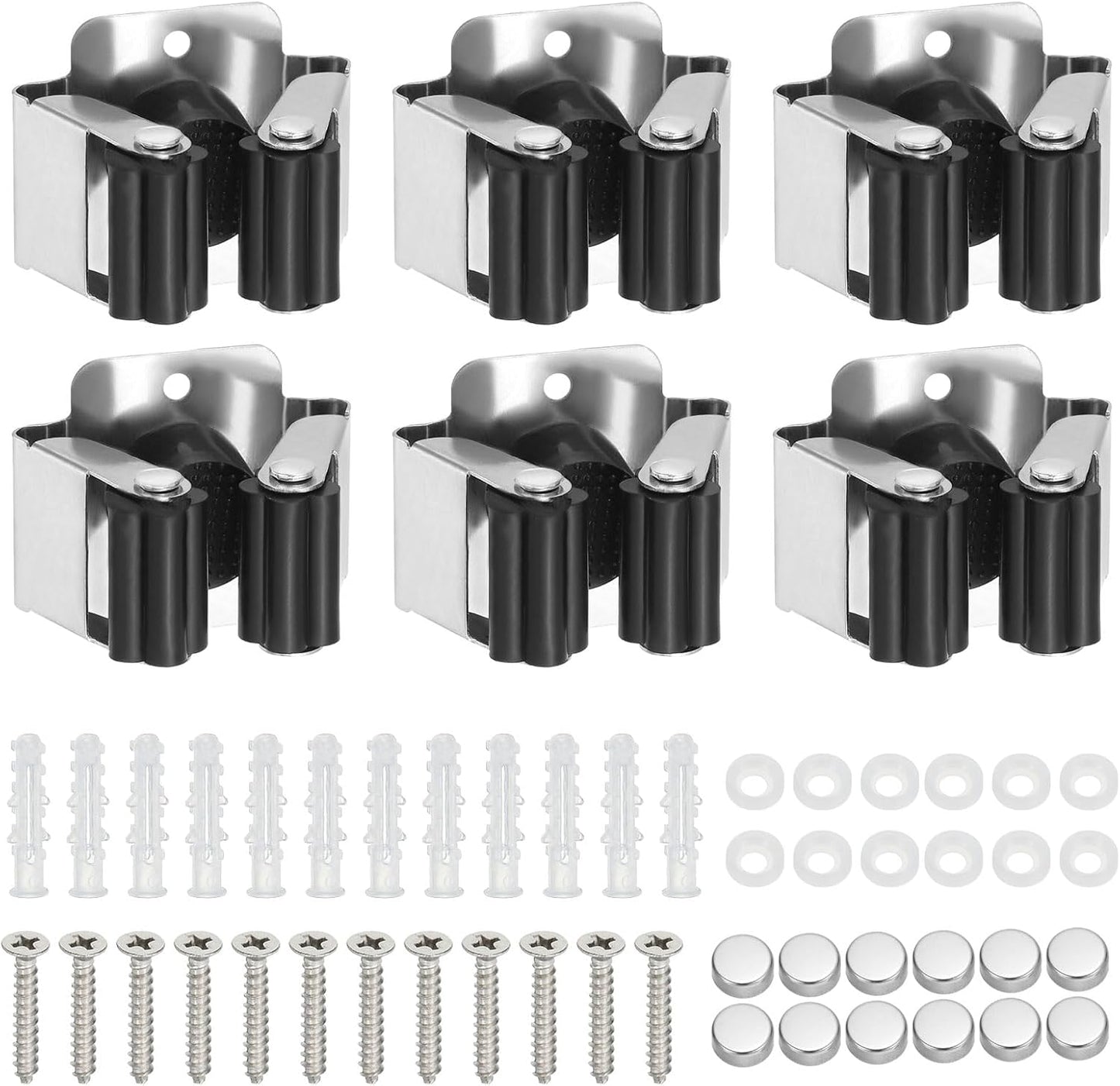 PATIKIL Broom and Mop Holder, 6 Pack Wall Mounted Stainless Steel Mop Hanger Heavy Garden Tool Organizer Rack Hanging Clips with Screws for Home Garage, Black