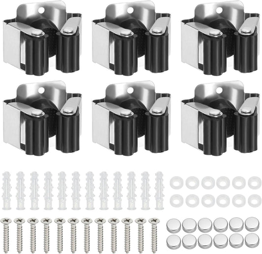 PATIKIL Broom and Mop Holder, 6 Pack Wall Mounted Stainless Steel Mop Hanger Heavy Garden Tool Organizer Rack Hanging Clips with Screws for Home Garage, Black