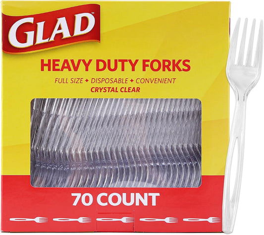 Glad Clear Heavy Duty Plastic Forks, Reduced-Plastic Open Handle, Break-Resistant Disposable or Top-Rack Reusable Cutlery for Parties, Camping & Everyday Meals, Standard Size, 70 Count