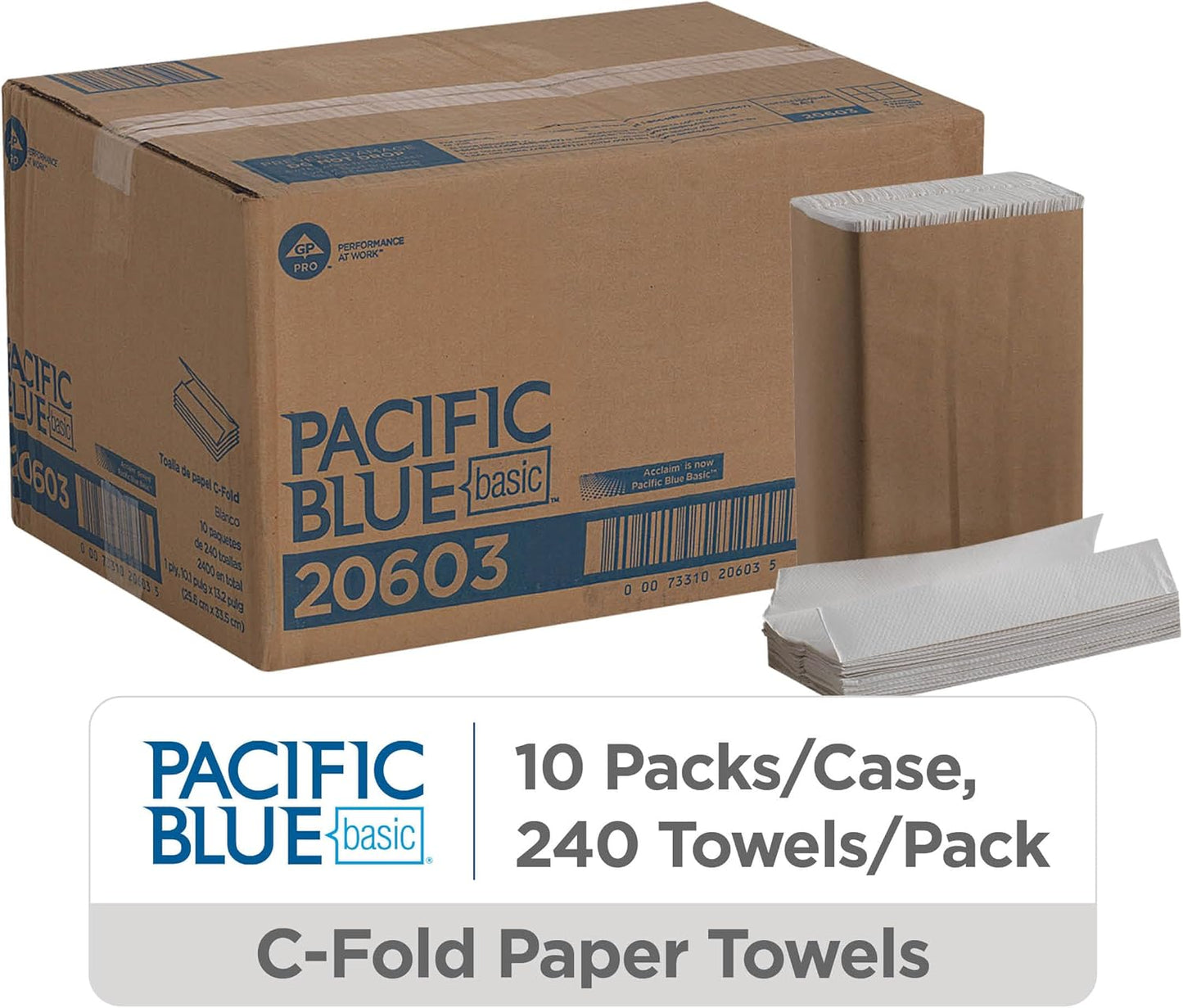 Pacific Blue Basic‚ C-Fold Paper Towels by GP PRO, White, 20603, 240 Towels per Pack, 10 Packs