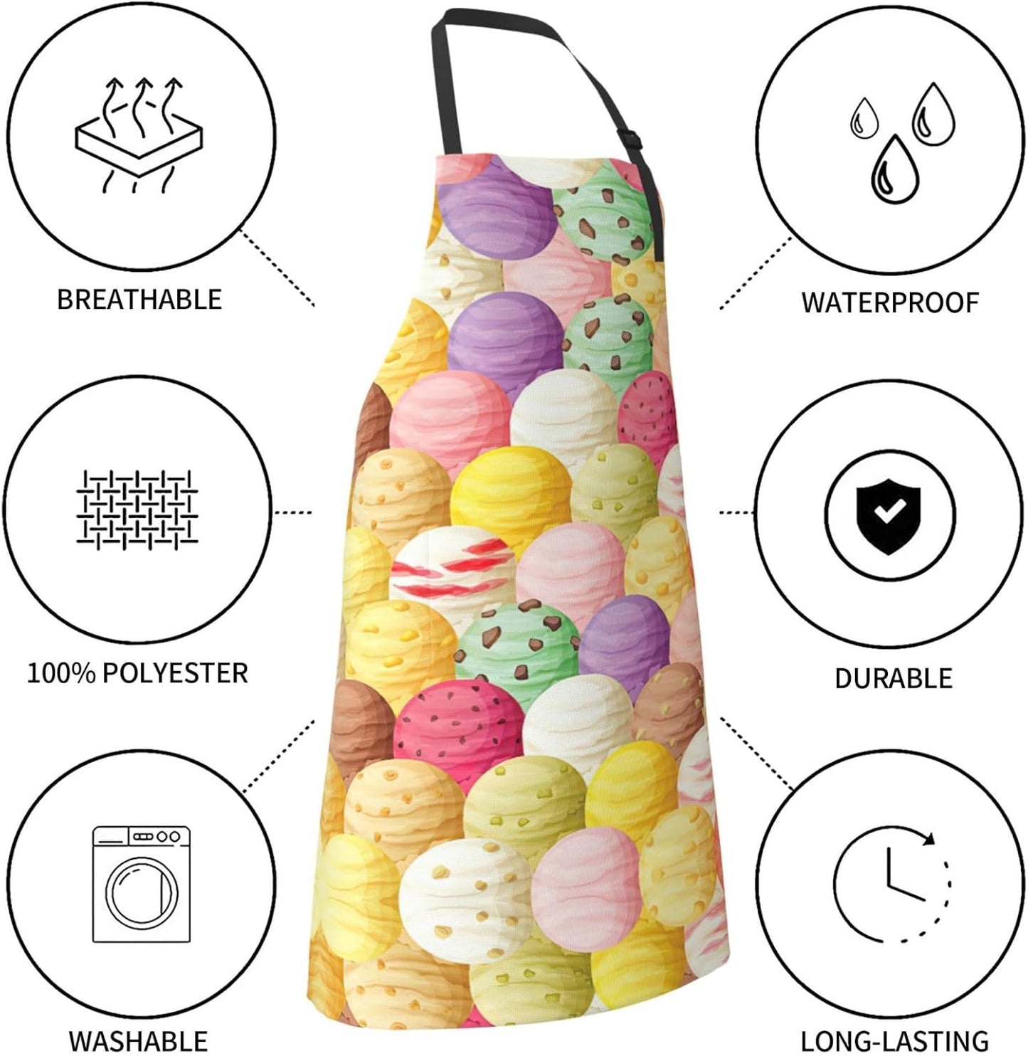 Ice Cream Print 28x33 In Adult Kitchen Apron with Pockets Versatile Chef Smock for Cooking Baking