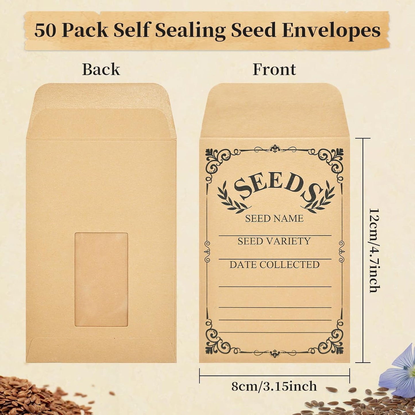 50-Pack Seed Packets Envelopes with Clear Window, 4.72 x 3.15 Inch Sma
