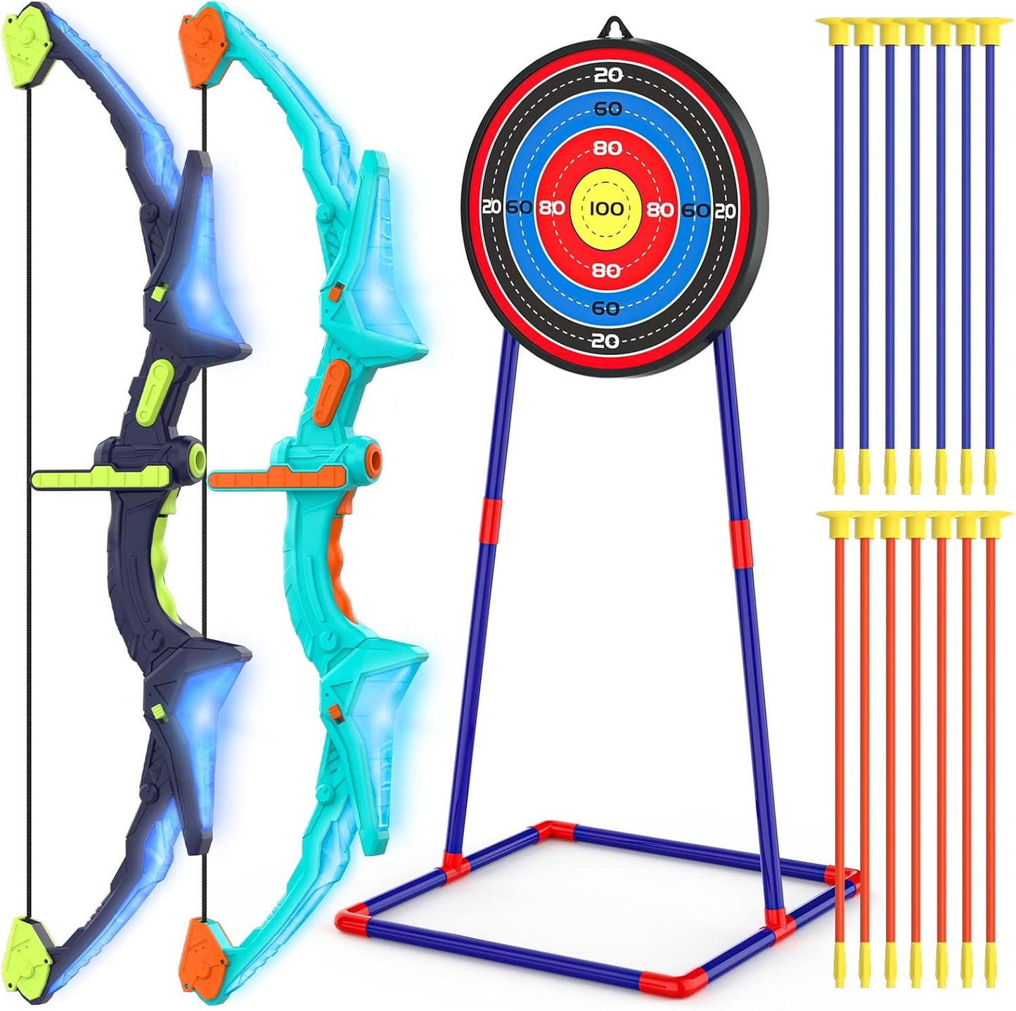 2 Pack Bow and Arrow Set for Kids, Light Up Archery Set with 14 Suctio