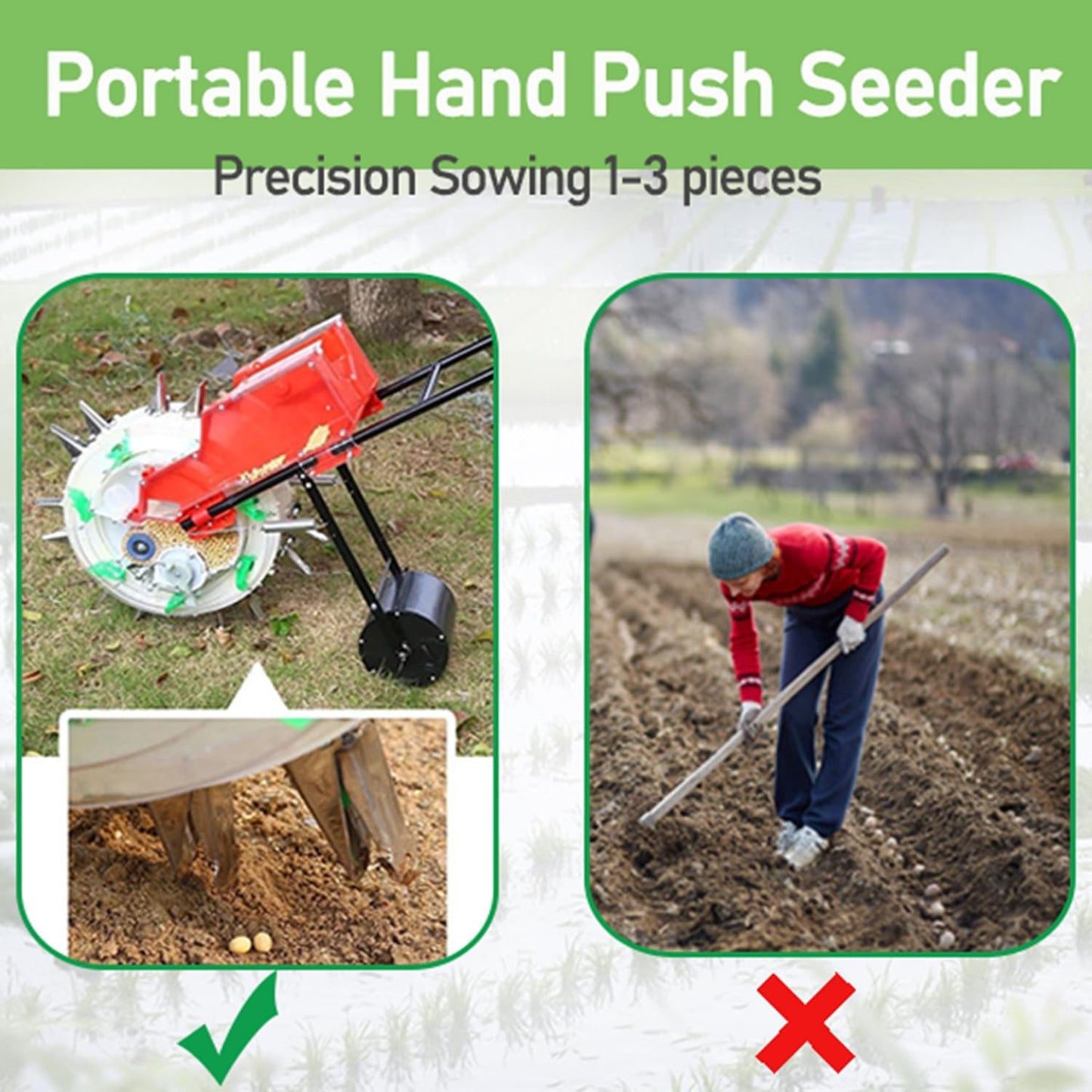 2-in-1 Garden Seeder & Corn Seed Planter - Hand-Push Seed Planting Tool for Simultaneous Sowing & Fertilization, Adjustable Depth 3.5-7.8 cm, 5 Seed Dispensers