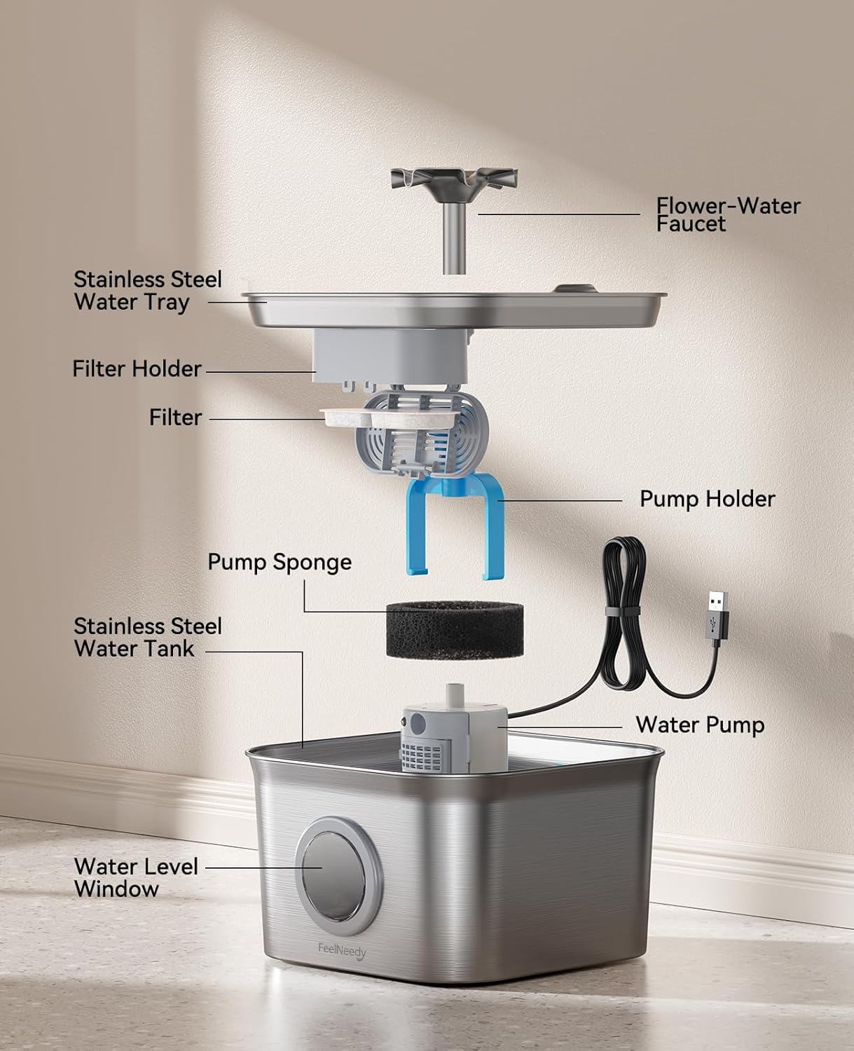 Stainless Steel Cat Water Fountain, 2.8L with 20dB Ultra-Quiet Pump- I