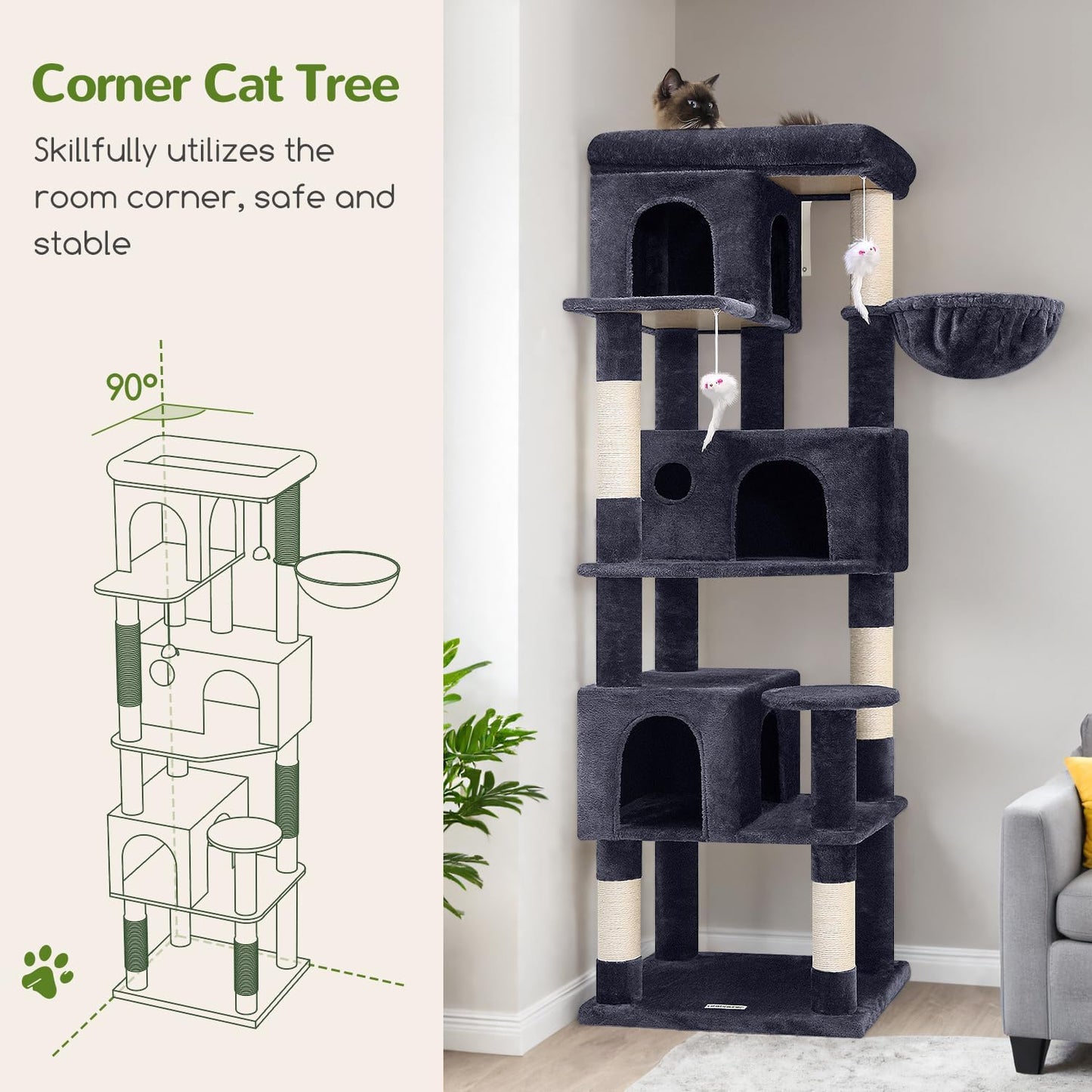 Globlazer Corner Cat Tree 66 inch Multi-Level Climbing Tower Kitty Con