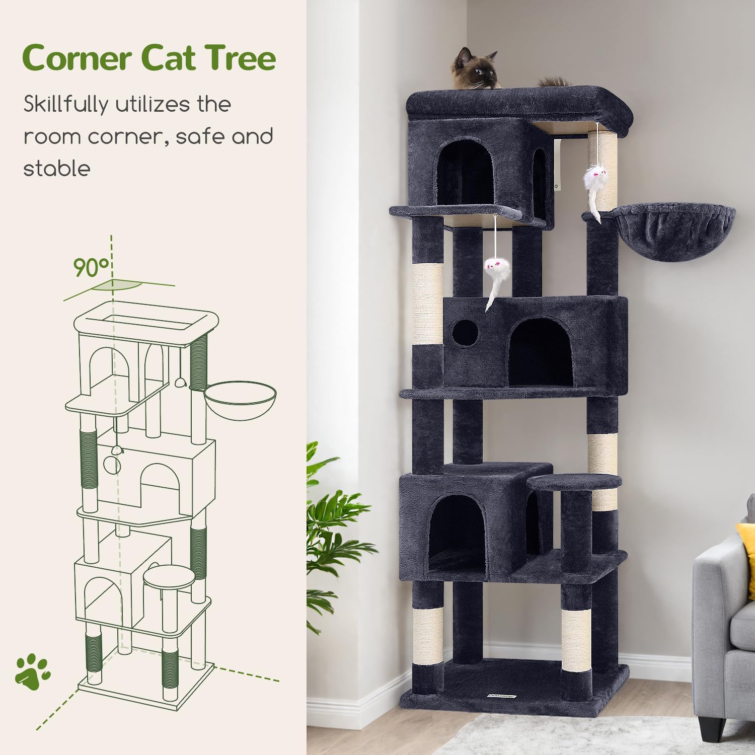 Globlazer Corner Cat Tree 66 inch Multi-Level Climbing Tower Kitty Con