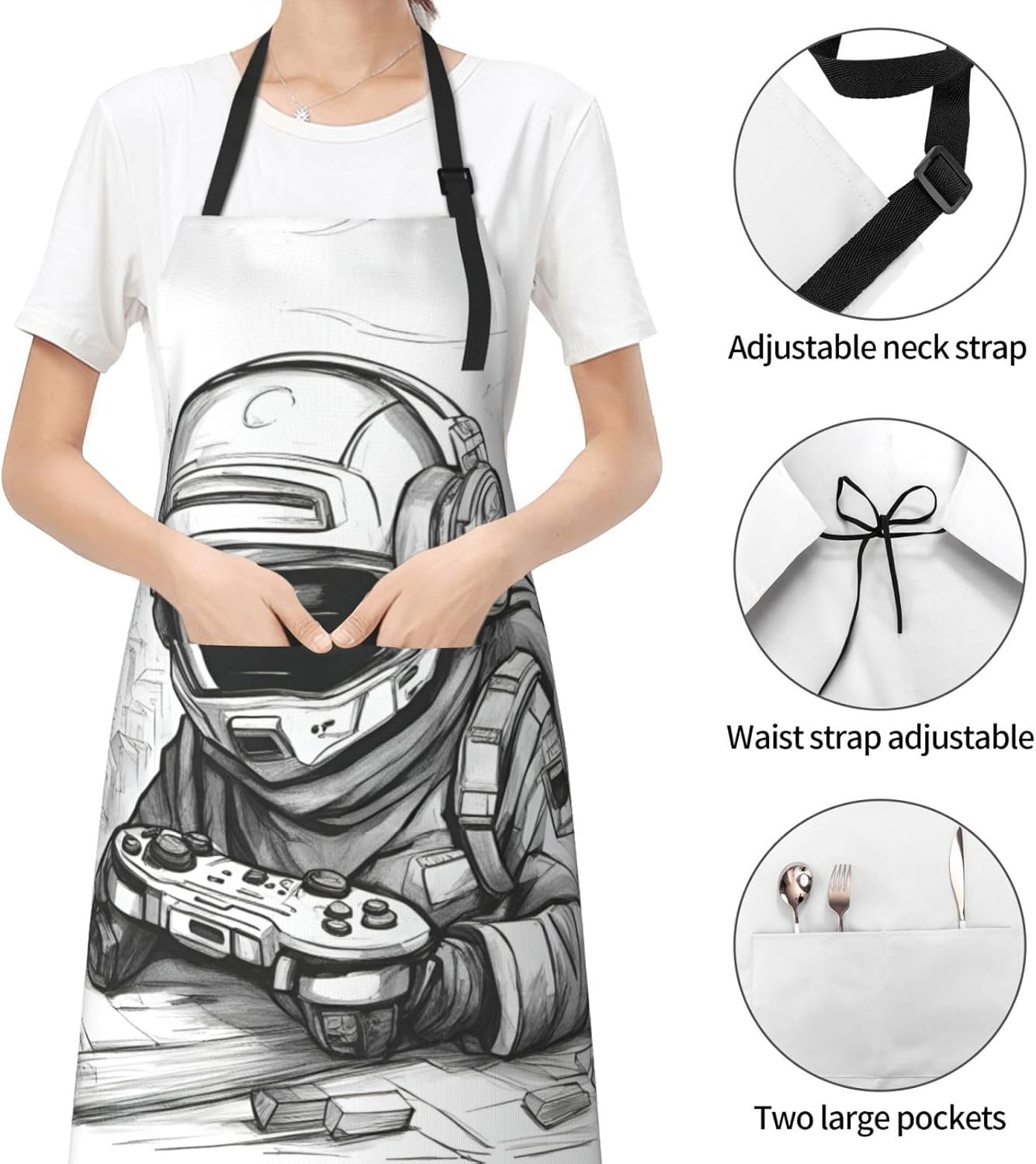 Monochrome Sketch Style Gaming Print 28x33 In Adult Kitchen Apron with