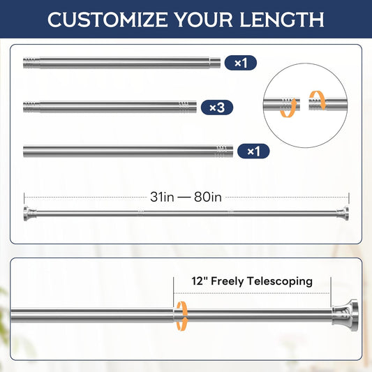 Shower Curtain Rod, 31-80 Inches Adjustable Tension Rod, 1-Inch Diamet