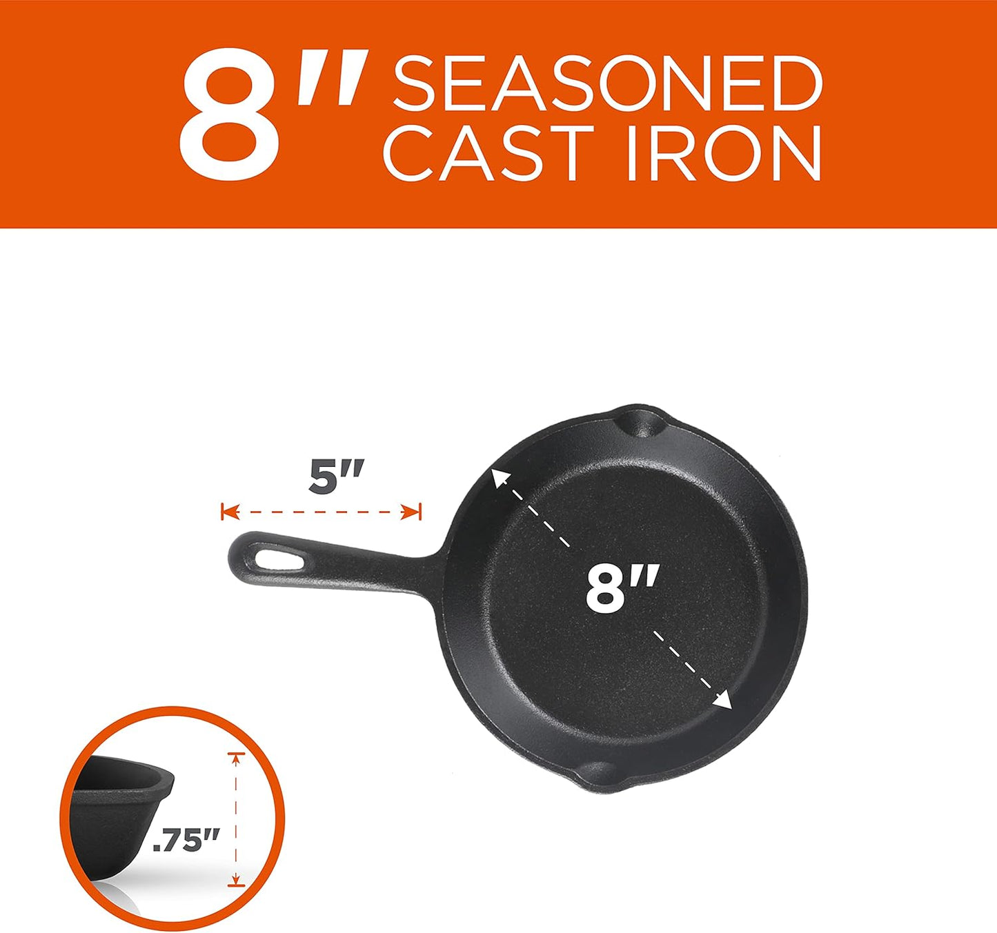 Commercial CHEF 3-Piece Cast Iron Skillet Set – 8 inch, 10 inch, and 1