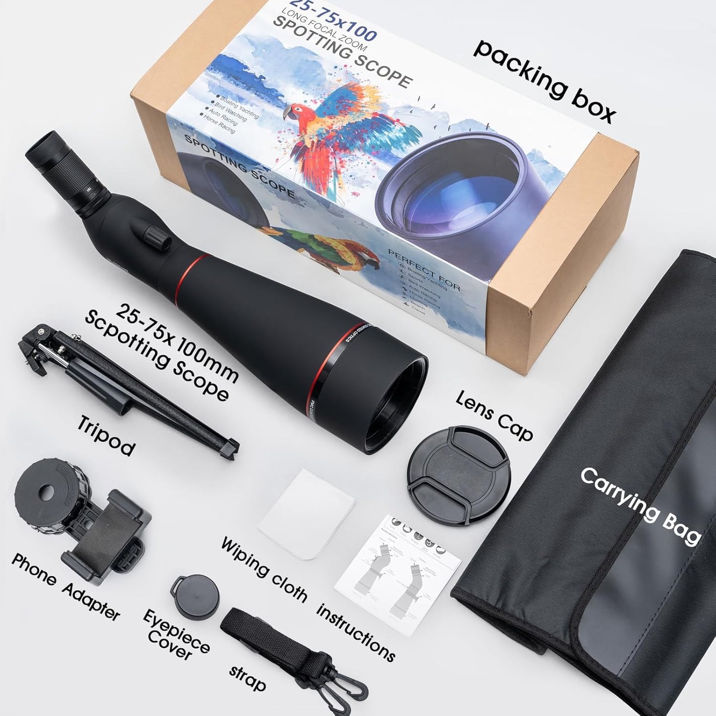 25-75x100 Spotting Scope for Target Shooting with Tripod Phone Adapter Carrying Bag Spotter Scope for Bird Watching, Wildlife Viewing Black