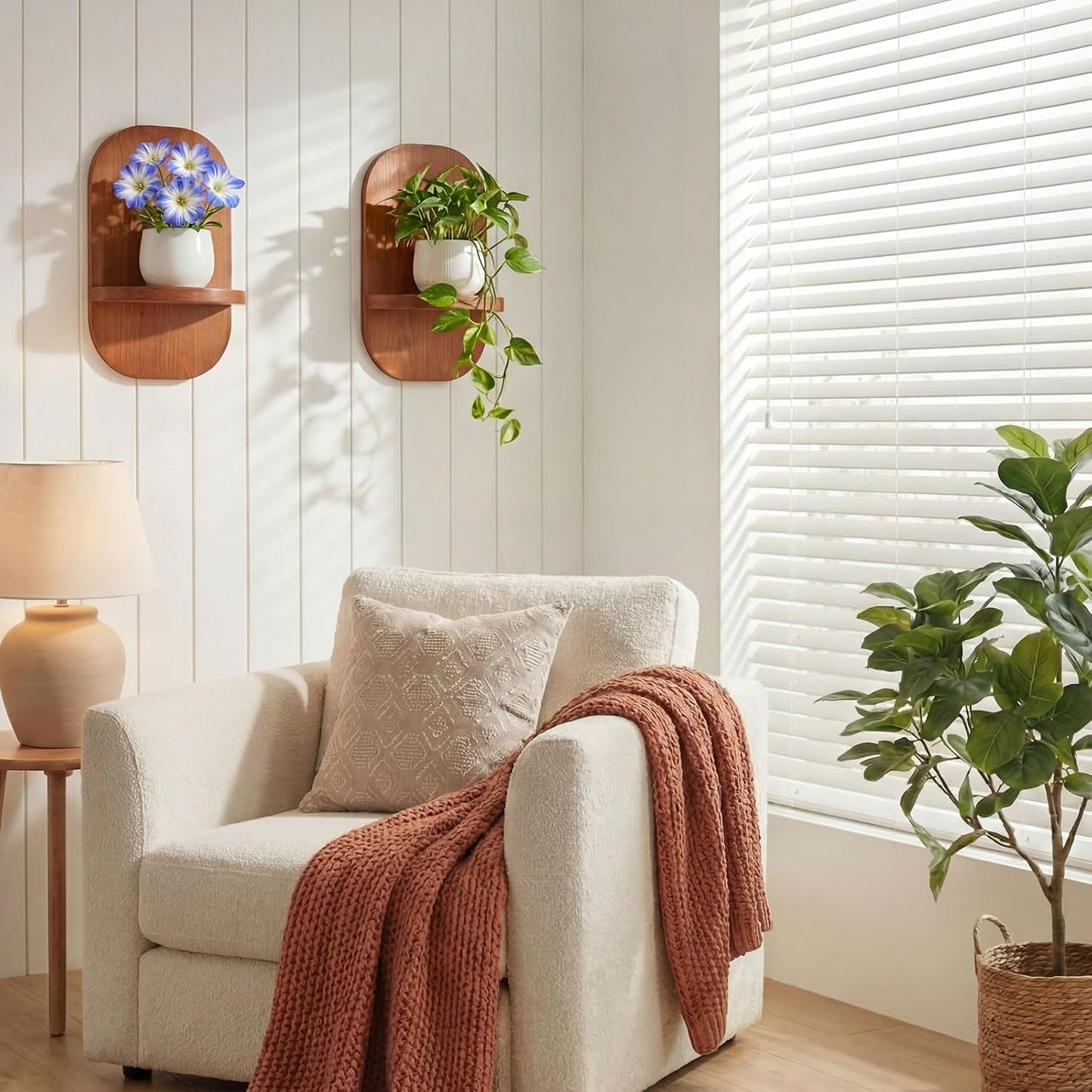 2 Pack Wooden Wall Mounted Plant Holder, Wall Hanging Plant Holders for Indoor Plants Flower Pot Hanging Shelves for Bedroom Living Room Porch Balcony Outdoor Decor