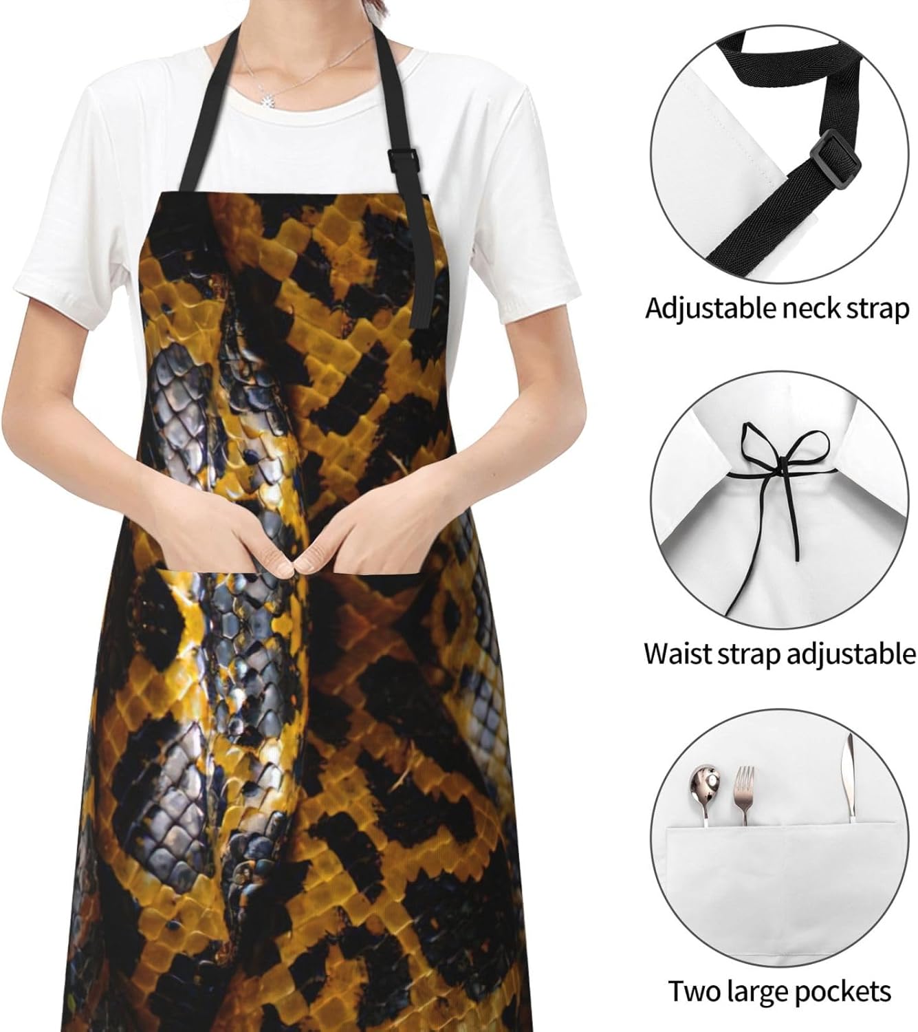 Yellow Snake print Waterproof apron with pocket adjustable cooking apr