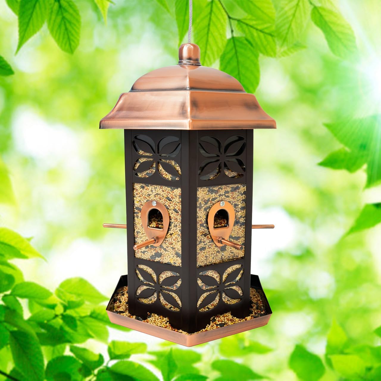 North States - Copper Hexagon Birdfeeder: Copper Bird Feeder for Outdoors, Holds 9.5 Pounds of Seed