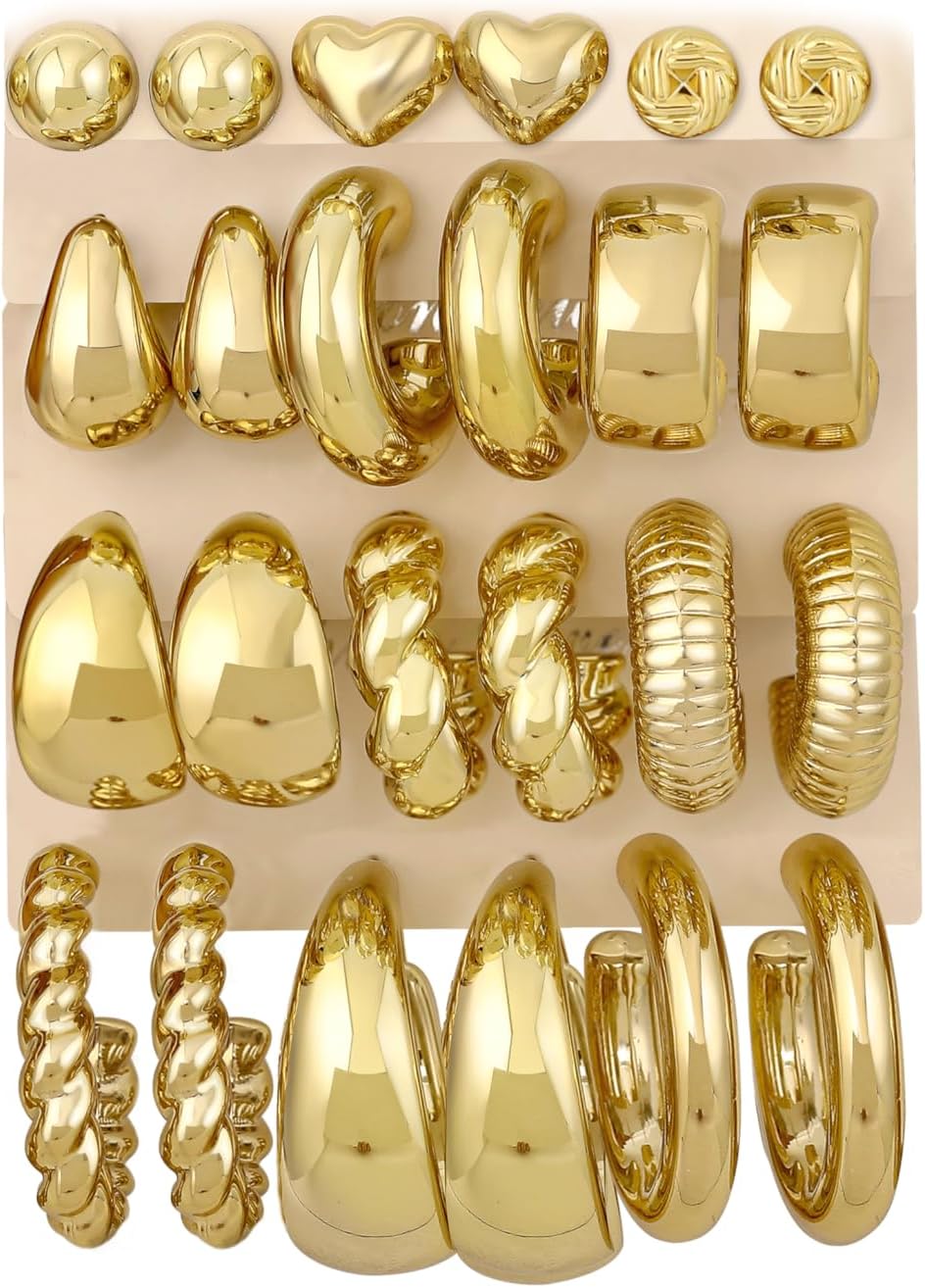 12 Pairs Chunky Gold Hoop Earrings for Women Trendy, Gold Plated Light