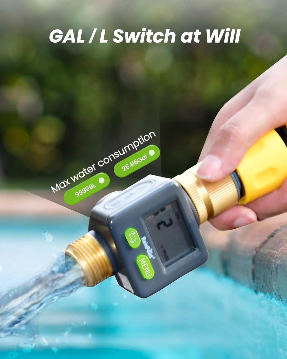 RAINPOINT Water Flow Meter with Brass Inlet & Outlet, 180° Screen-Flip