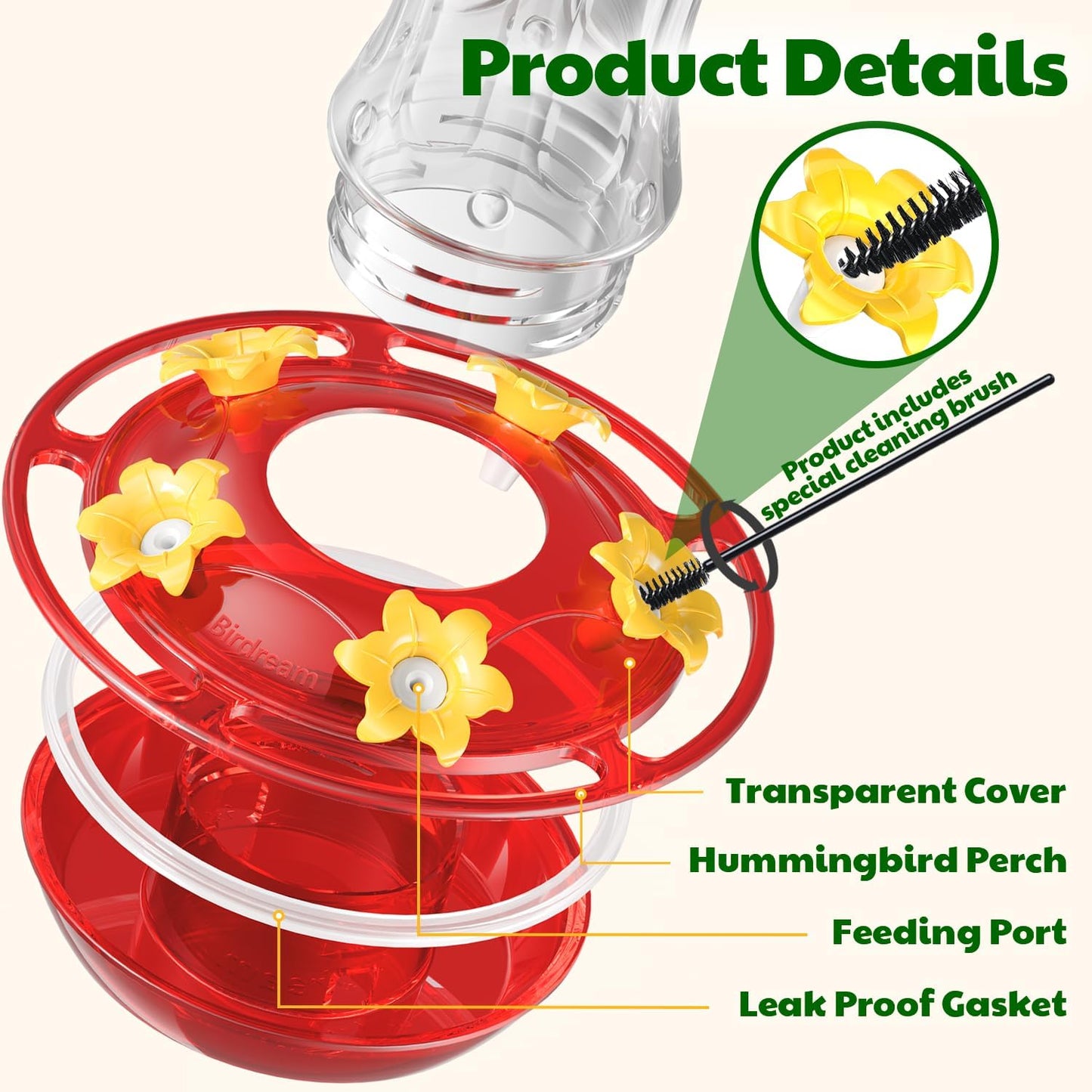 Birdream 2026 Upgraded Hummingbird Feeders for Outdoors, 15oz Hanging Hummingbird Feeders Ant Proof, Easy to Clean and Maintain, Gift for Bird Lover, Red (1 Pack)