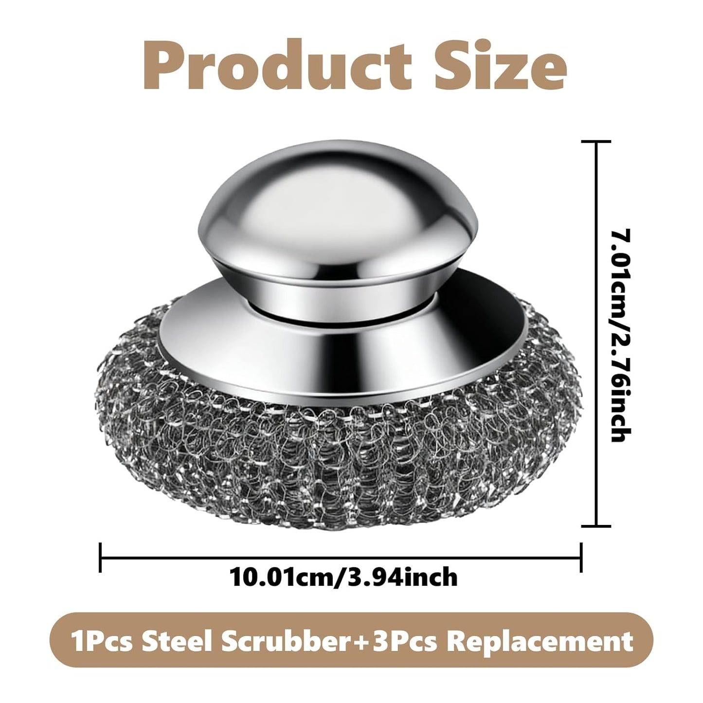 Steel Wool Scrubber, 4-Pack Stainless Steel Scrubber Pads with Handle - The Ultimate Scouring Solution for Rust, Stubborn Messes on Cookware, Grill, Oven & Kitchen Sinks