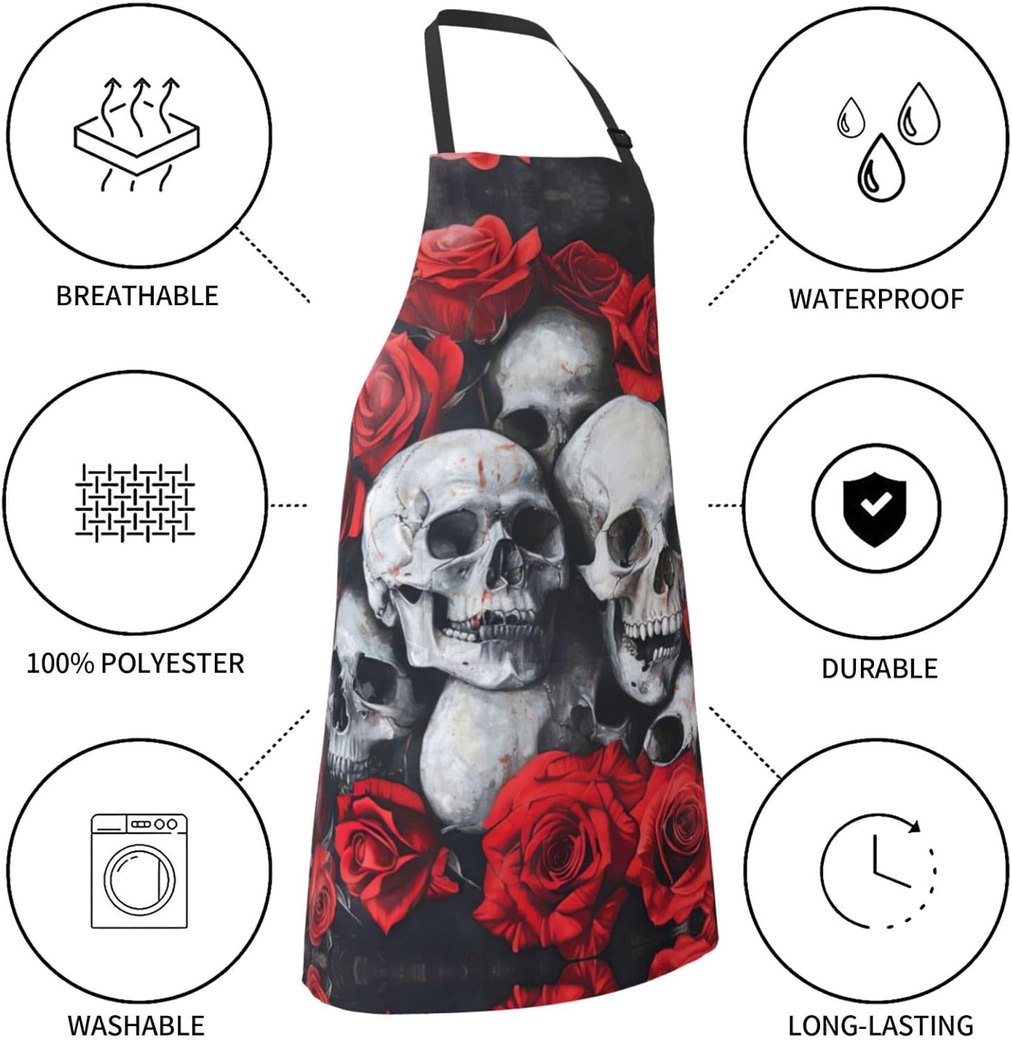 Skull and Red Rose print Waterproof chef's apron with pocket apron for