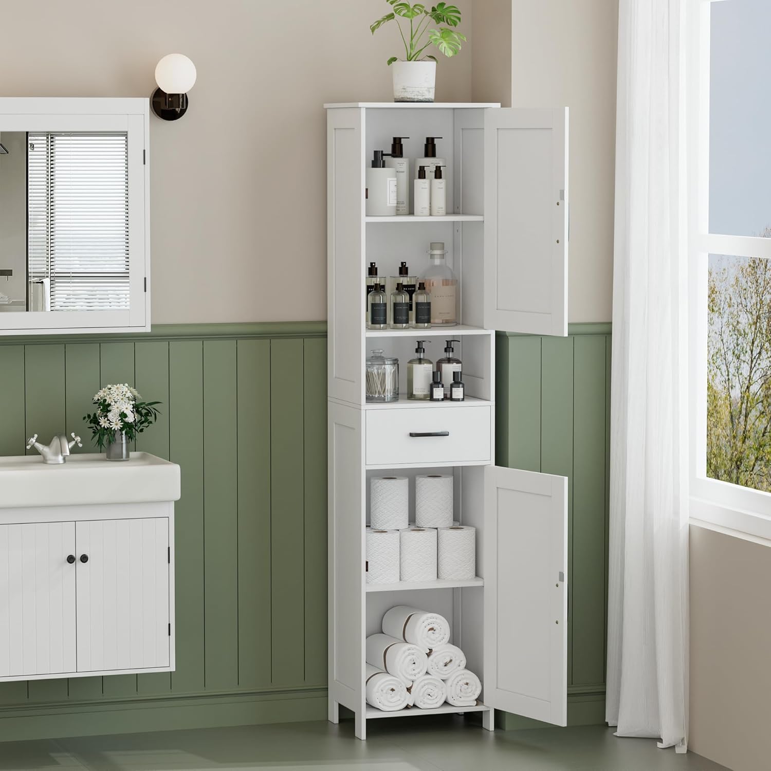 Homhedy 67" H Tall Bathroom Storage Cabinet with 2 Barn Doors and 1 Dr