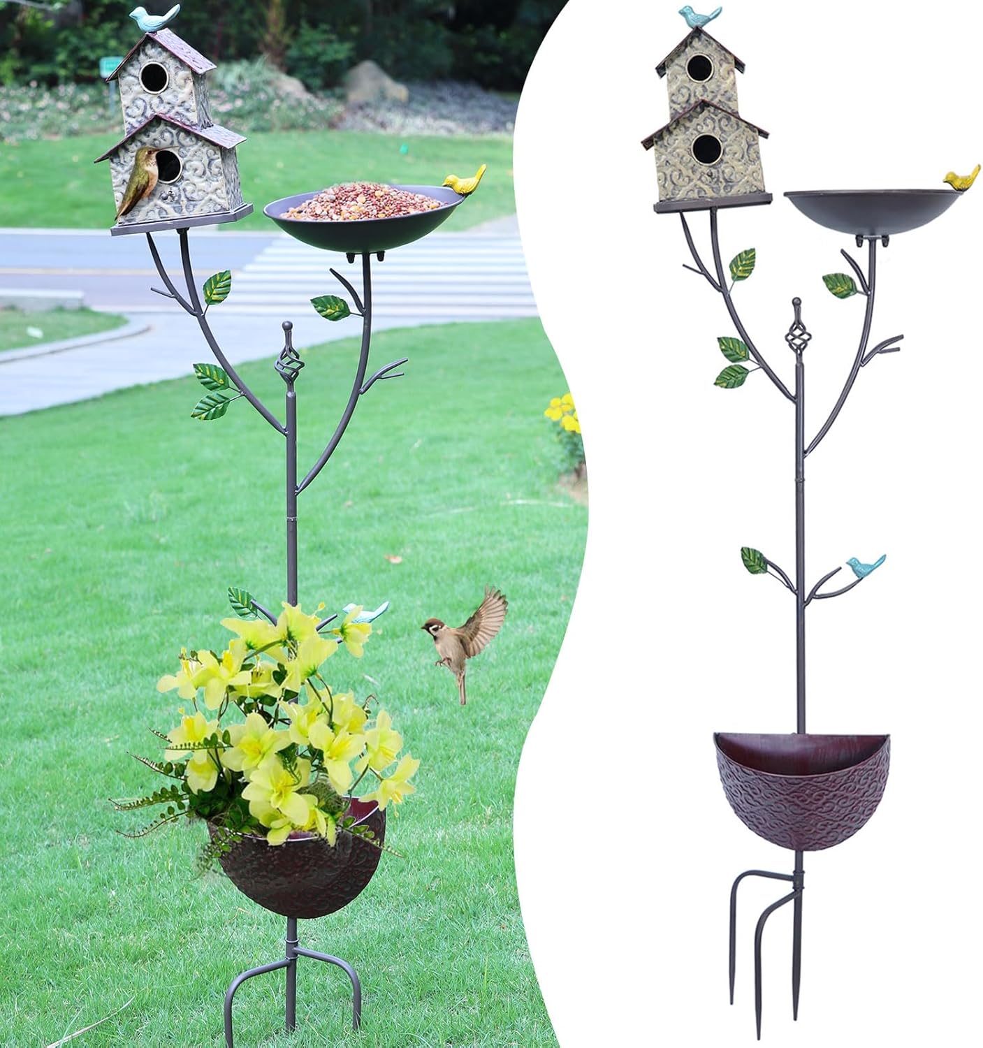 56.3 Inch Outdoor Bird Bath and Bird House Combo with Planting Pot, Metal Bird Bath with Bird House and Planting Pot 3 in 1, Suitable for Garden Yard Terrace Decoration.