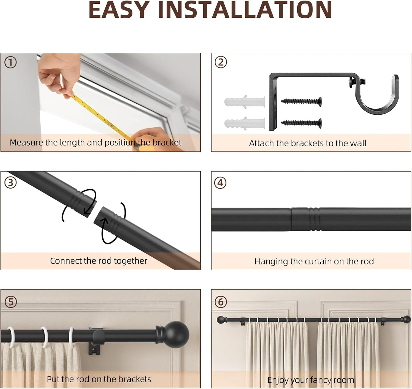 Black Curtain Rods for Window 28 to 48, 5/8 inch Small Decorative Curt