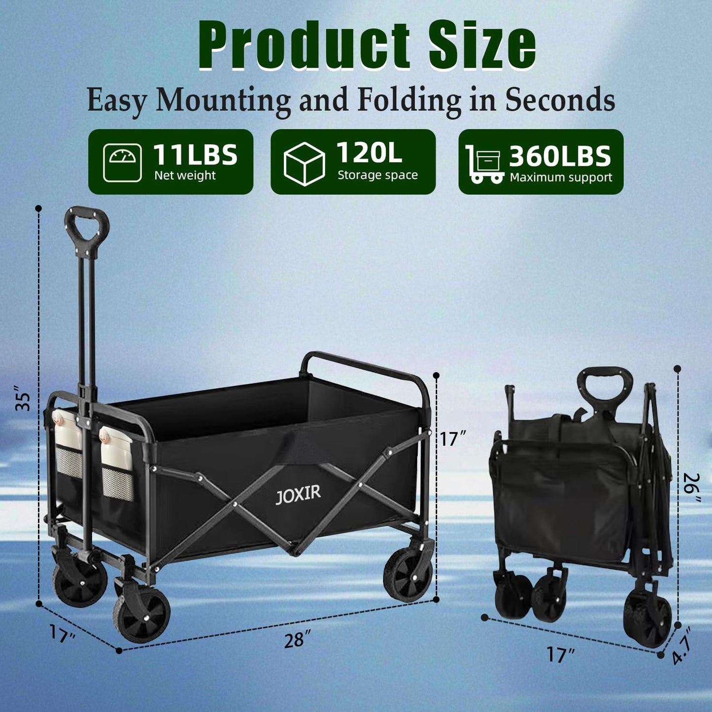 Collapsible Wagon Cart Foldable 120L 360lbs Capacity, Lightweight Port
