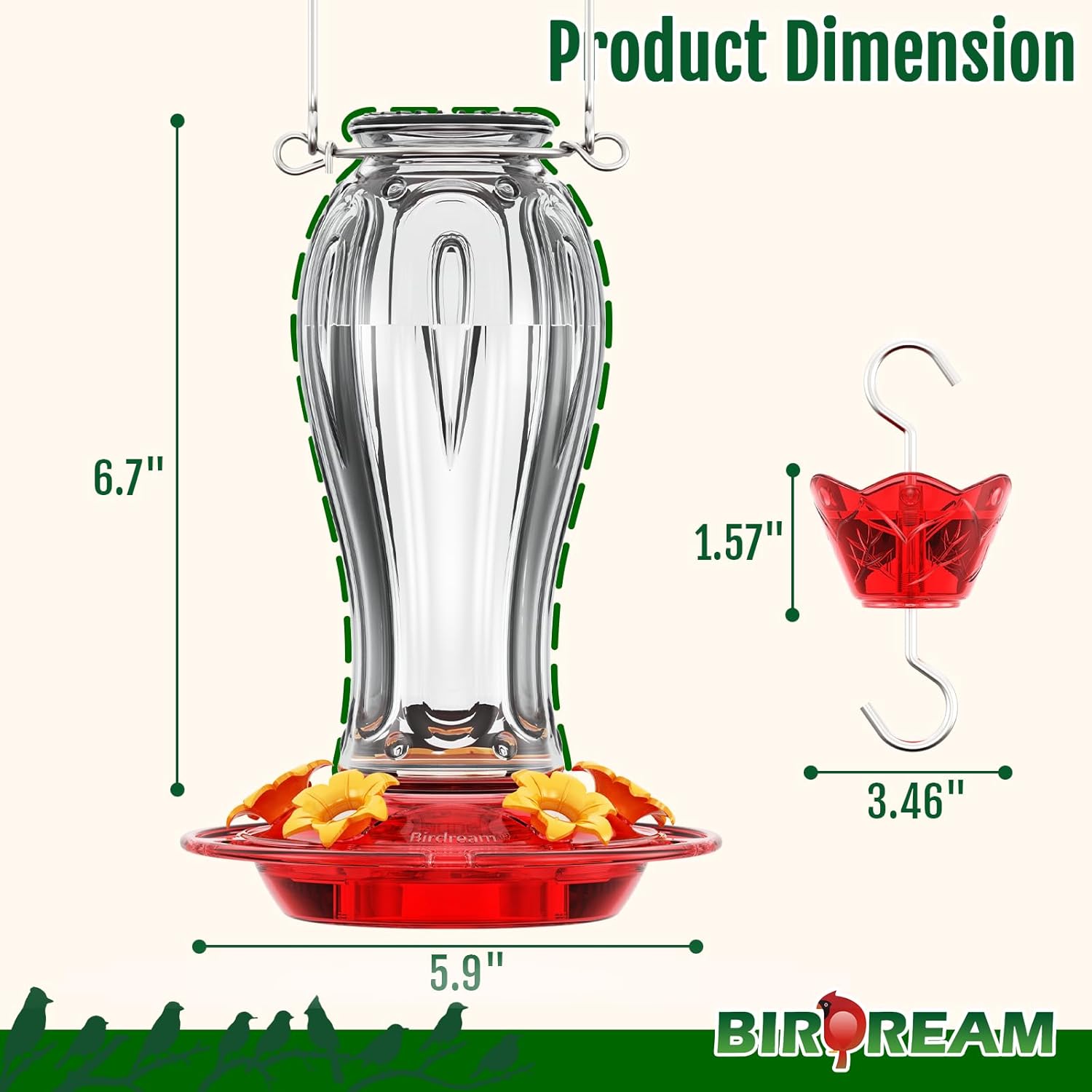 Birdream Glass Hummingbird Feeder for Outdoors, 18oz Hanging Nectar Ho