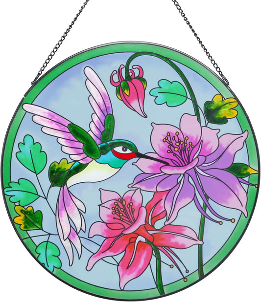 MUMTOP Hummingbird Stained Glass Window Hanging 12 Inch Large Colorful Bird Flower Suncatcher Birthday Gift for Mom Grandma Bird Lovers