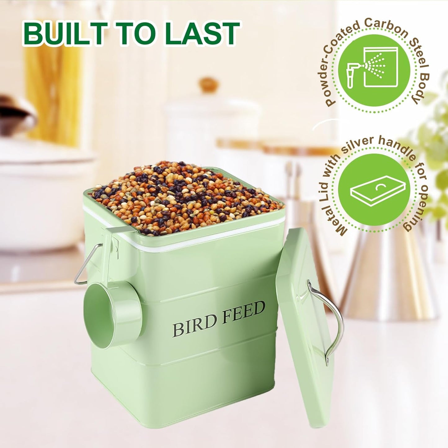 Bird Seed Storage Container Airtight,5~6LB Metal Bird Food Container with Scoop,Wild Bird Seed Tin for Storing Sunflower Seed-Ideal for Outdoor or Indoor-Squirrel proof -Green