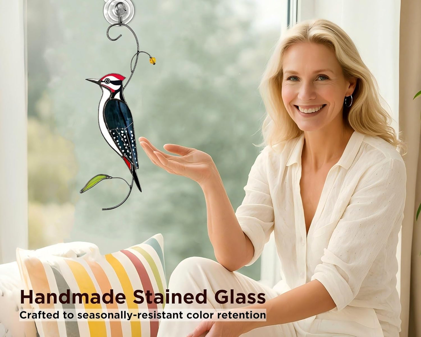 Woodpecker Stained Glass Window Hanging for Women, Mom, Grandma - Handmade Real Glass Bird Suncatcher - Elegant Gifts Box Home Decor (H8.9xW3.2 inch)